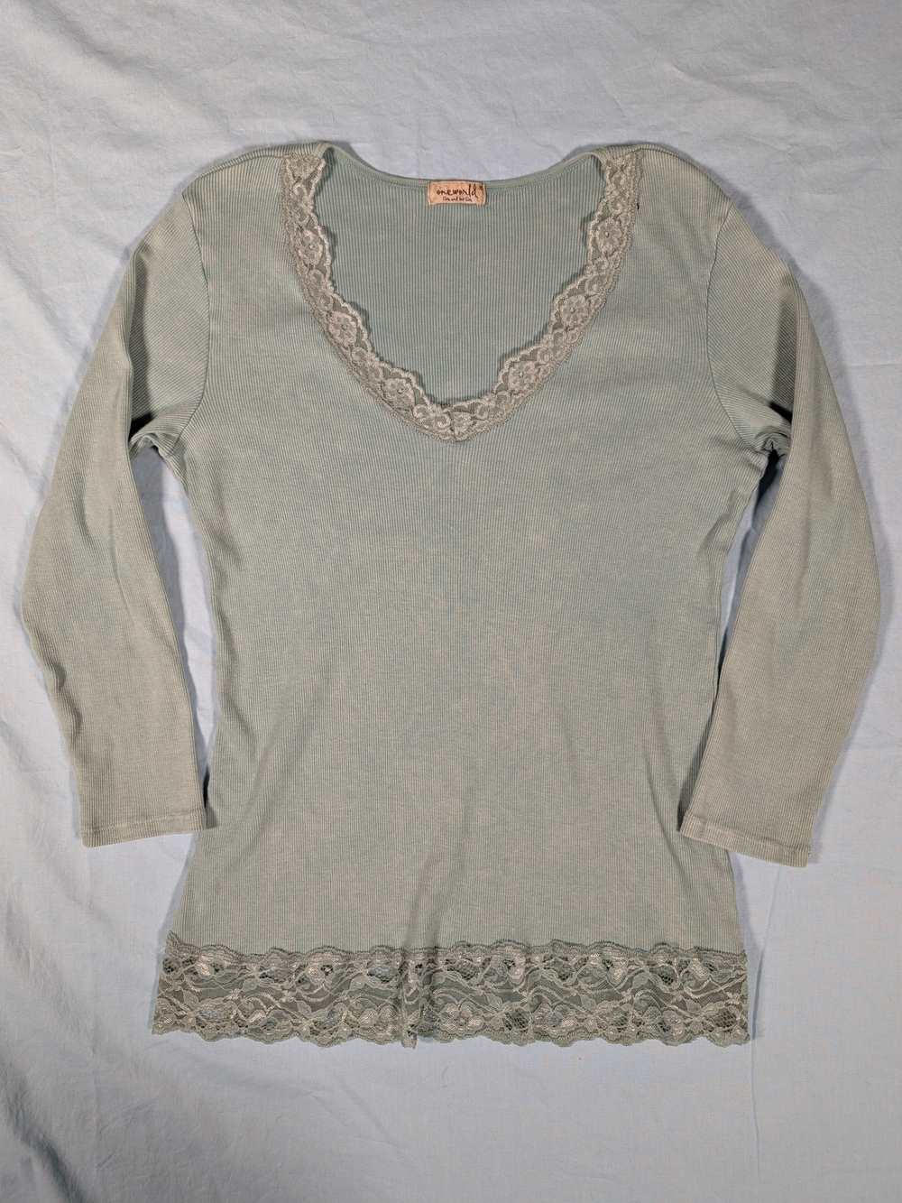 ONE WORLD Light Sage Lace-Trim Long Sleeve Tee